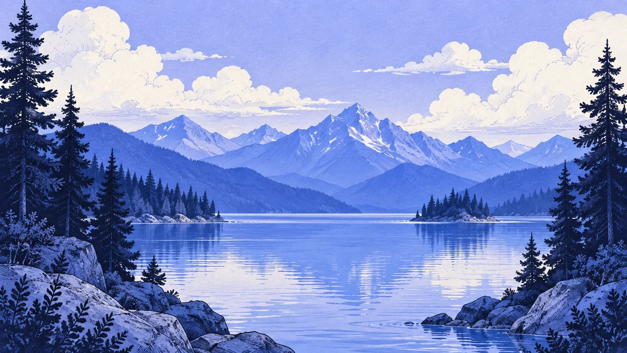 An illustrated blue mountain lake, used to demonstrate scrolling comments.