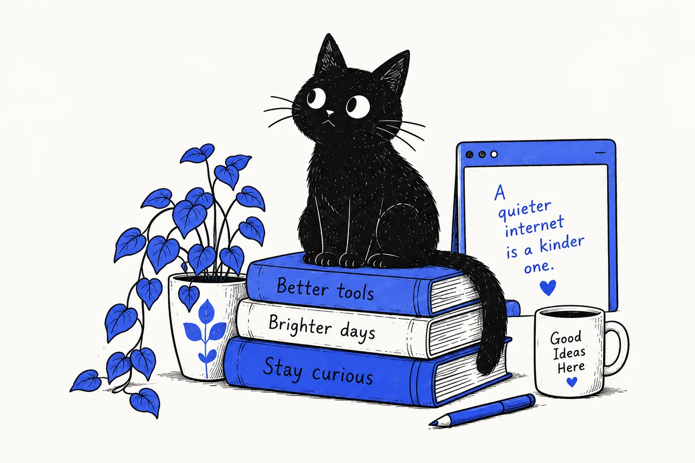 A curious black cat on a stack of books, surrounded by a plant, a browser window, and a cup of good ideas.